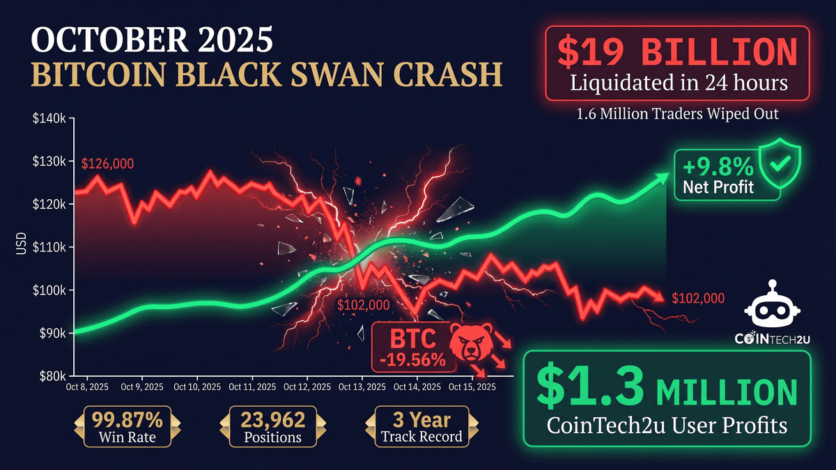 October 2025 Bitcoin Black Swan crash chart showing BTC falling 19.56% while CoinTech2u portfolio gained 9.8% net profit