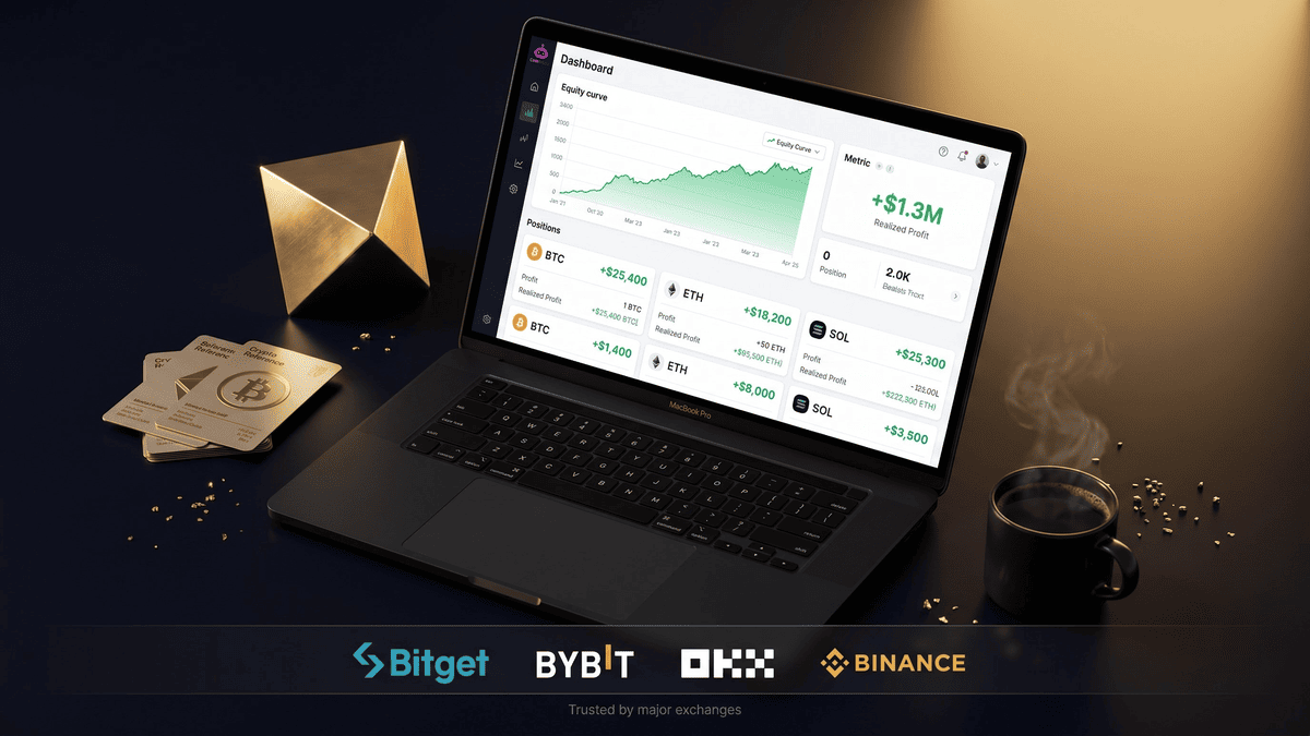 CoinTech2u dashboard on MacBook showing $1.3M realized profit with OKX, Bitget, Bybit, and Binance partner logos