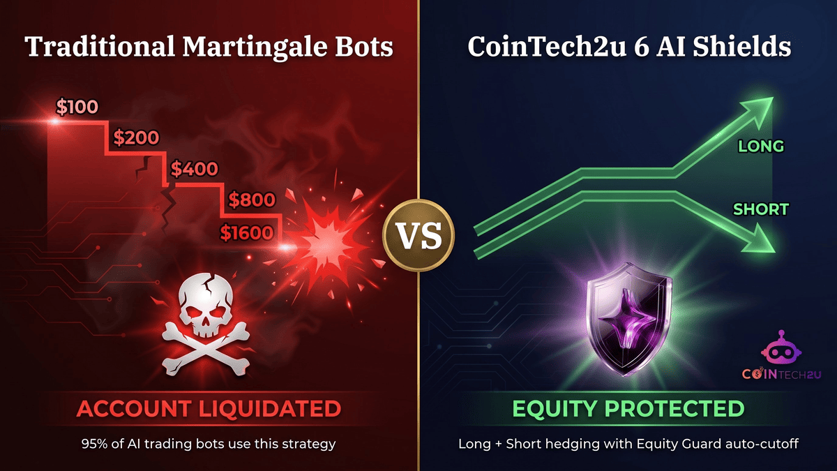 Comparison showing traditional Martingale bots leading to account liquidation versus CoinTech2u 6 AI shields keeping equity protected