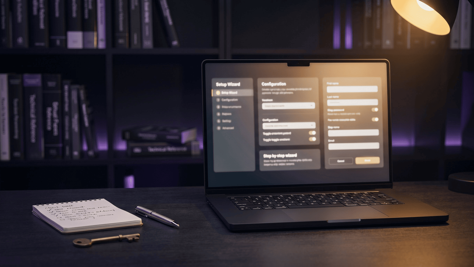 Editorial illustration of a setup workspace with laptop showing configuration wizard, notebook checklist, and brass key — representing the CoinTech2u OKX setup procedure