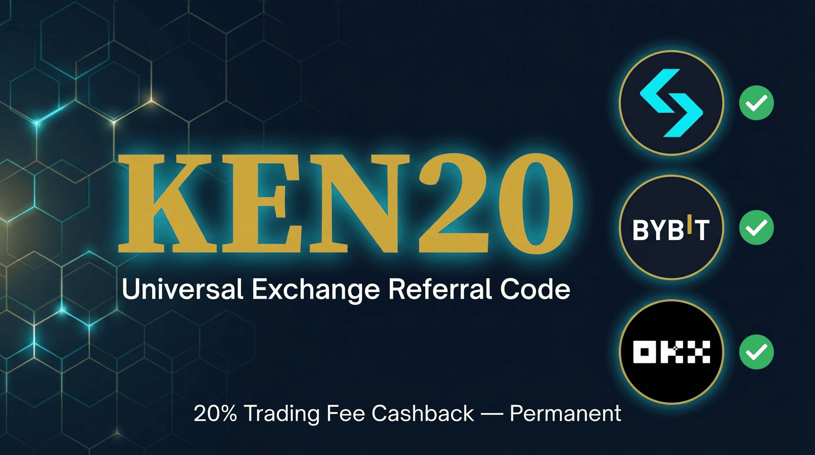 KEN20 referral code panel showing the affiliate program that grants 20 percent lifetime fee cashback on OKX, Bitget, and Bybit exchanges