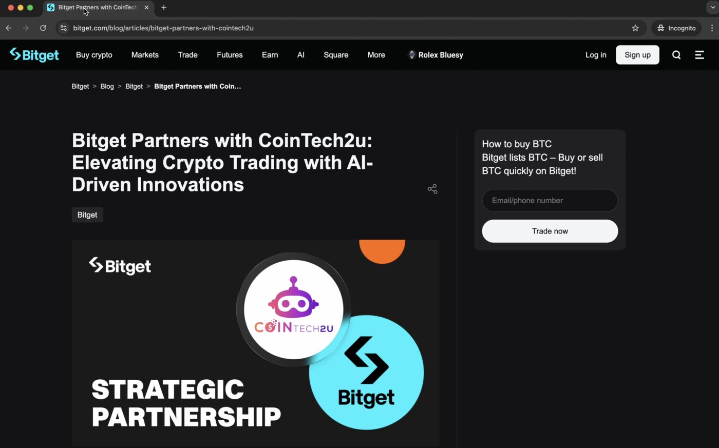 Bitget and CoinTech2u strategic partnership badge