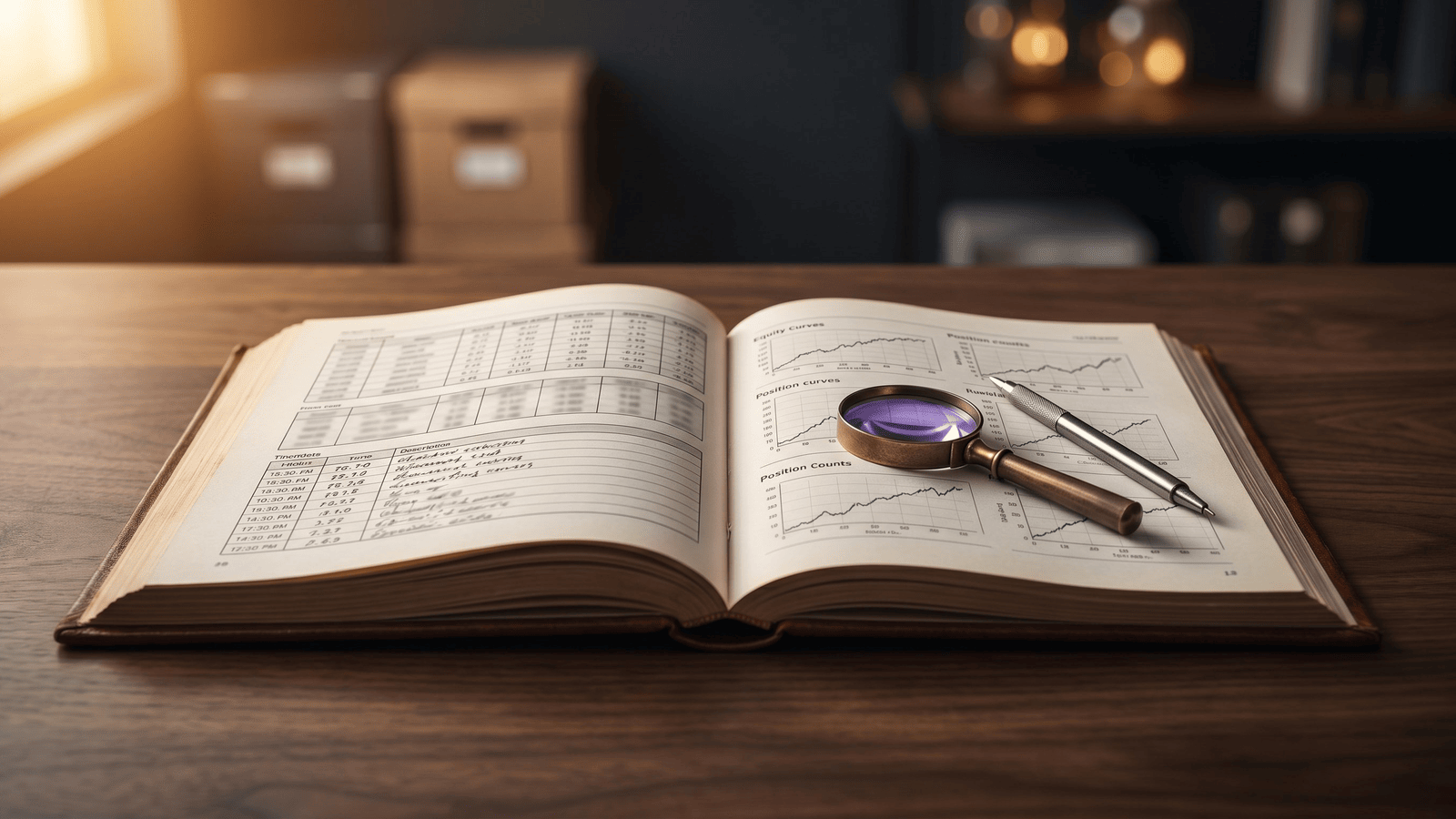 Editorial illustration of an open research log on a wooden desk with magnifying lens and pen — representing our live AI trading bot testing archive