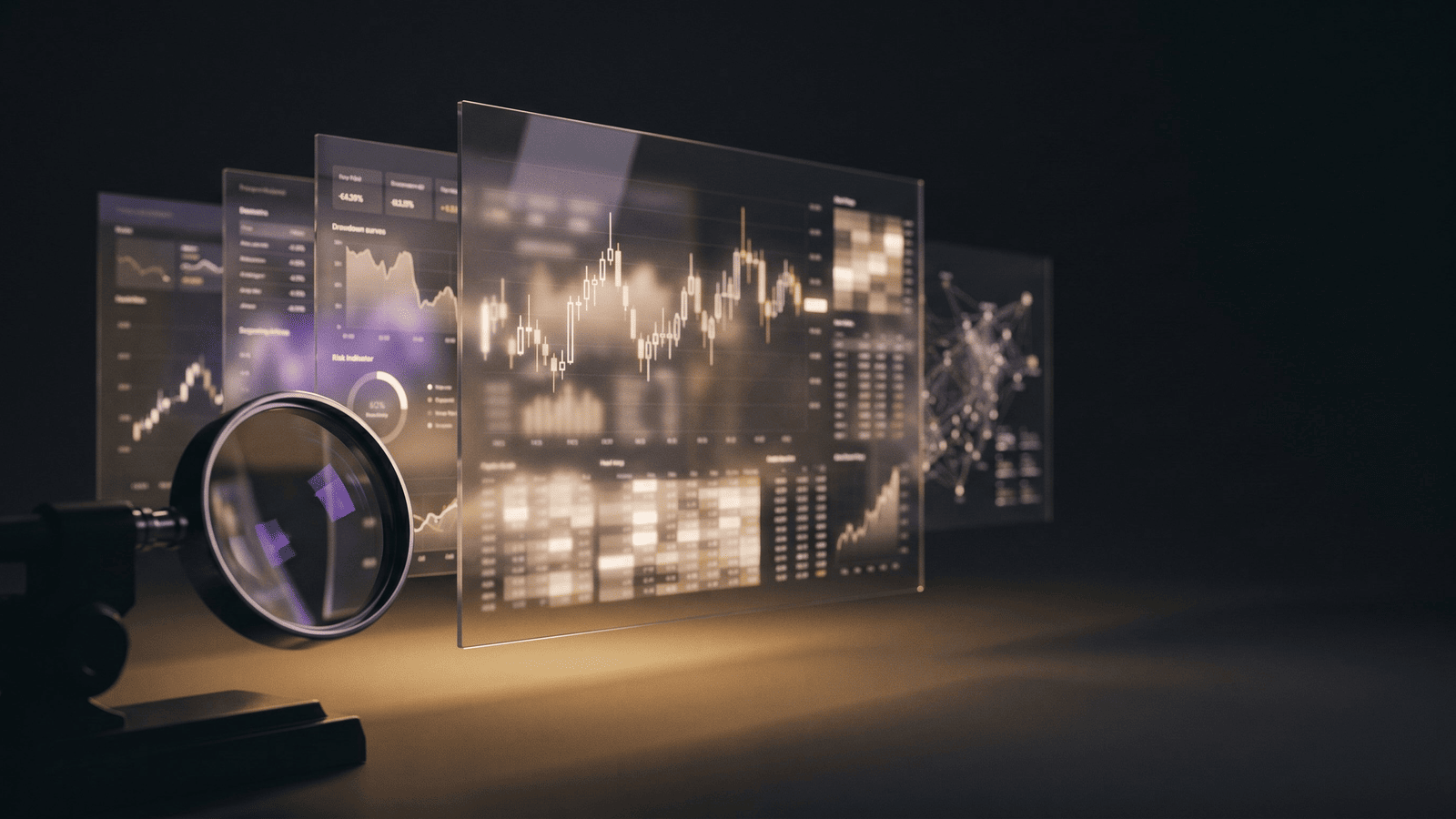 Editorial illustration of trading dashboards behind a magnifying lens — representing our forensic AI trading bot testing methodology