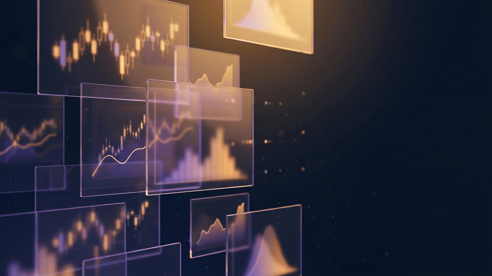 Abstract trading data panels in deep amber and violet — representing the 14 metrics we track during AI trading bot testing