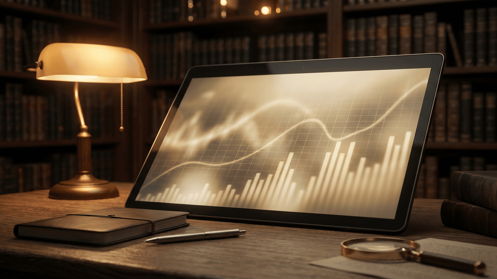 Editorial workspace with magnifying lens and trading data on tablet — representing our evidence verification standards