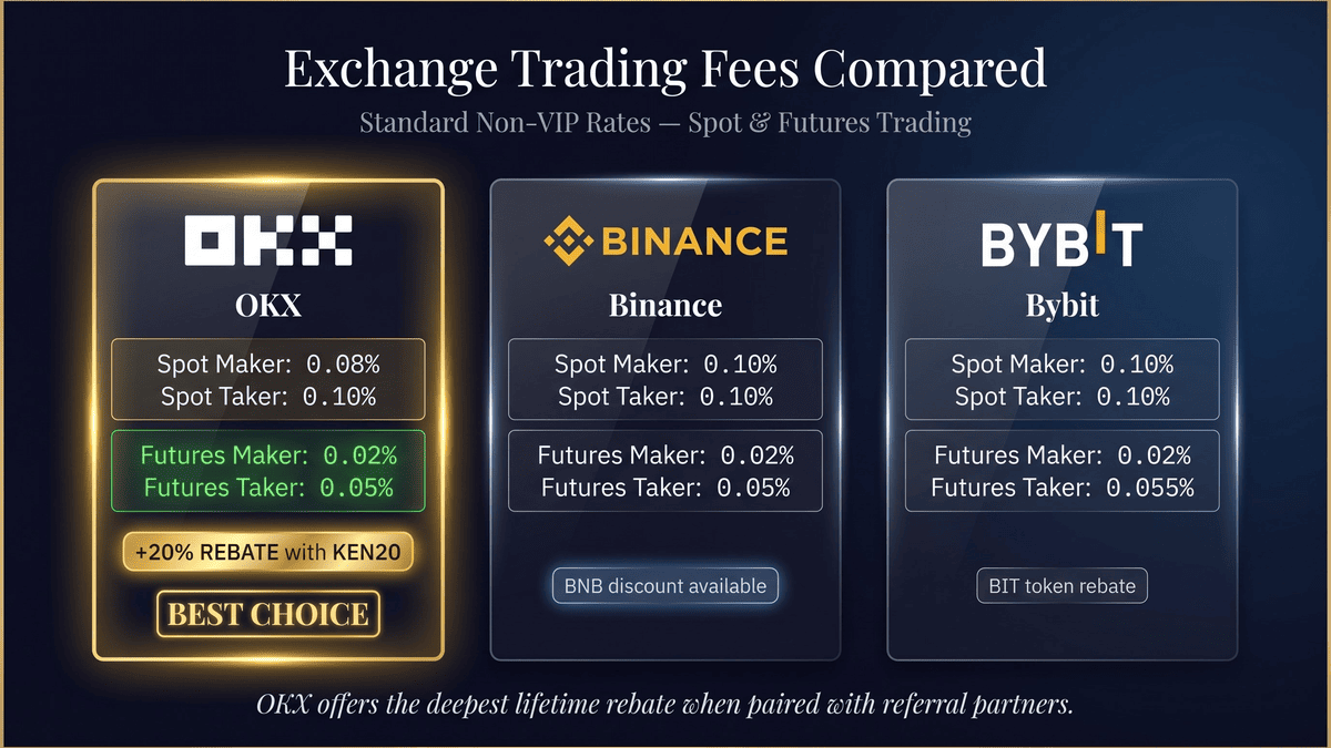 OKX fees compared to Binance and Bybit showing OKX has lowest spot maker fees at 0.08% and competitive futures fees at 0.02% with 20% KEN20 rebate advantage