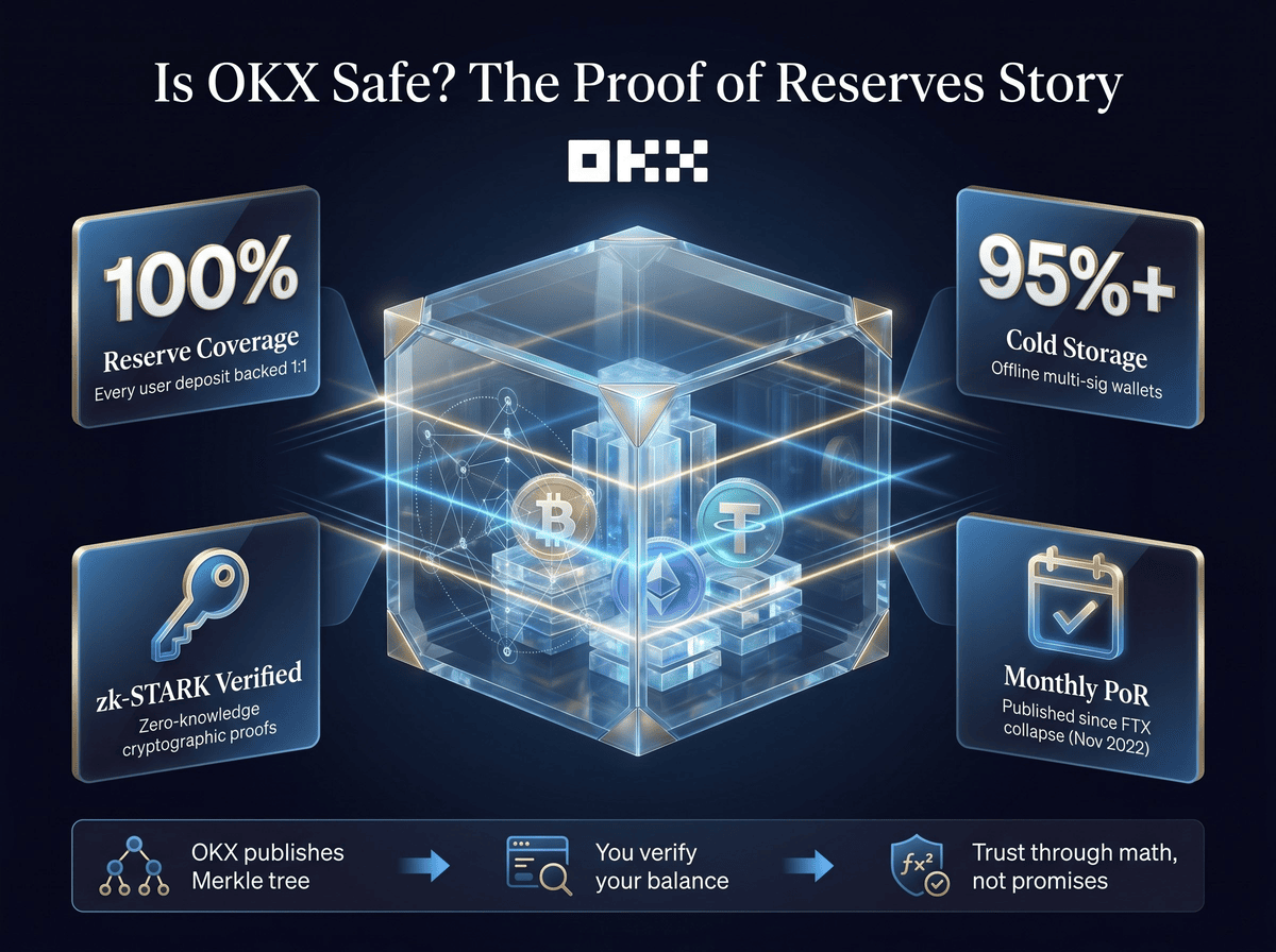 OKX Proof of Reserves security visualization showing 100% reserve coverage, 95% cold storage, zk-STARK verification, and monthly published audits since FTX collapse