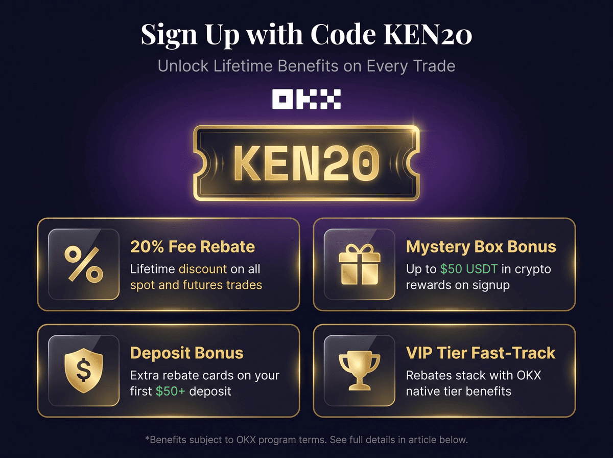 OKX referral code KEN20 benefits showing 20% fee rebate, mystery box bonus up to $50 USDT, deposit bonus rebate cards, and VIP tier fast-track