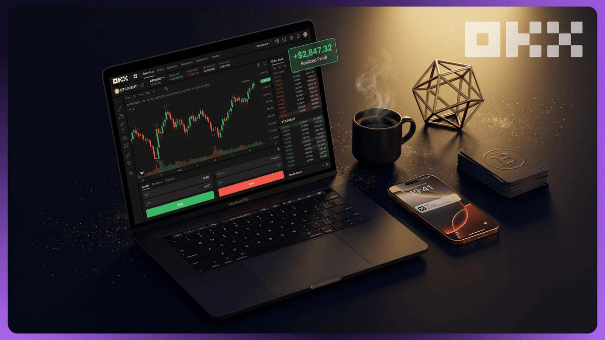 OKX trading workspace showing BTC/USDT chart and realized profit