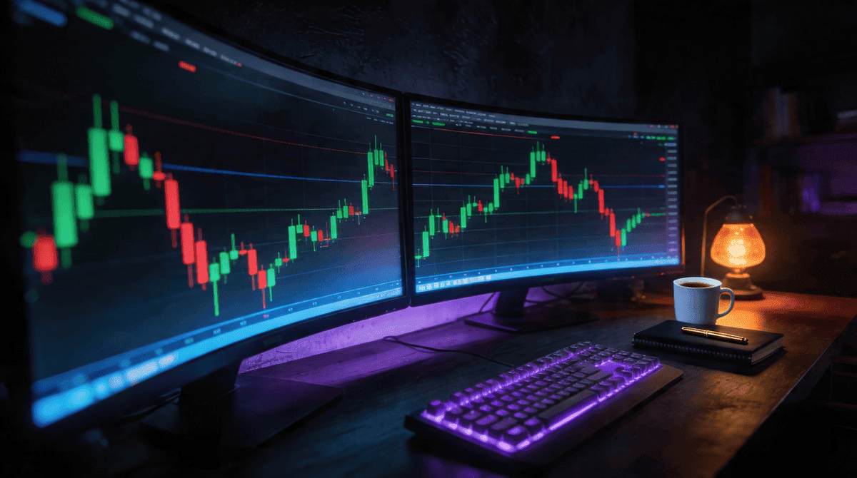 Quantitative trading charts and analytics workspace showing candlestick data and volatility analysis